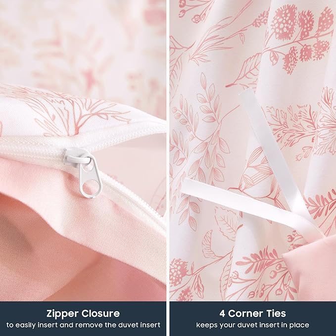 Wake In Cloud - Floral Duvet Cover Set, Botanical Vintage Flower Coquette Cottagecore Aesthetic for Women Teen Girls, Soft Lightweight Bedding, 3-Piece, Blush Pink, Twin/Twin XL Size
