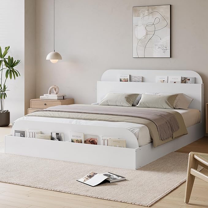 GarveeHome Queen Size Bed Frame, Wooden Beds with Storage Headboard and Raised-Foodboard, Queen-Floor Low Platform Bed for Bedroom, Sturdy Wooden Slats Support, No Box Spring Needed, White