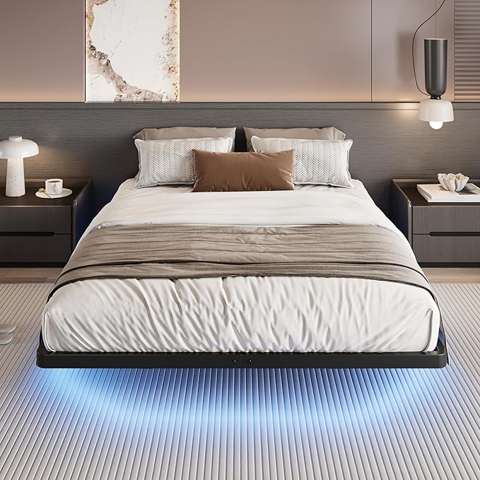 SHA CERLIN Floating Bed Frame Queen Size with Smart LED Lights and Charging Station, Heavy Duty Metal Platform Bed with Modern Design,No Box Spring Needed, Easy Assembly, Matte Black