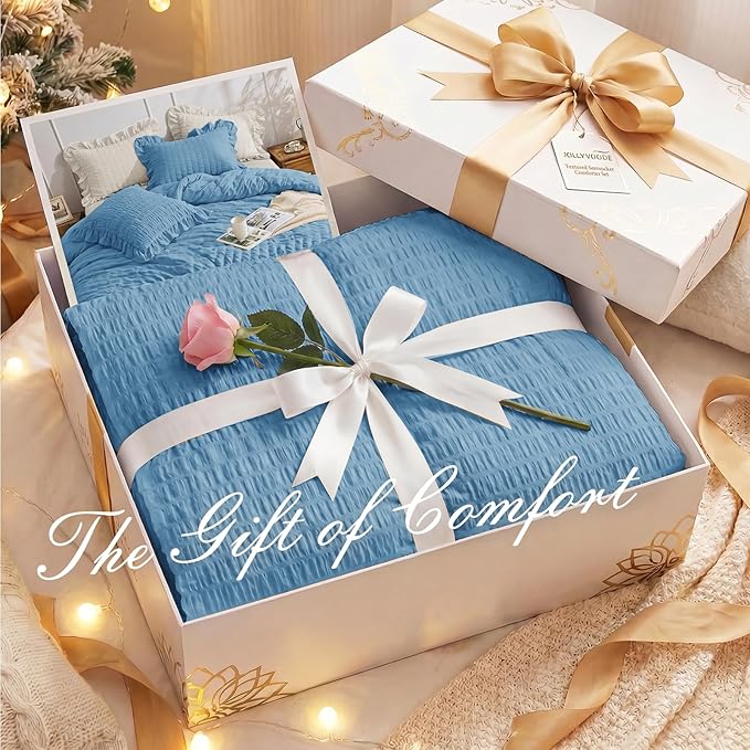JOLLYVOGUE Full Size Comforter, 3 Pieces Sea Blue Seersucker Lightweight Full Size Bedding, All Season Fluffy Microfiber Bedding Comforter Set with 1 Ruffle Comforter and 2 Ruffle Pillowshams