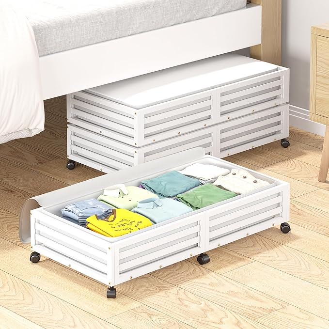 Wisuce Bamboo Under Bed Storage Containers- Underbed Organizer with Wheels with Dust Bag,Sturdy Wood Rolling Under the Bed Shoe Storage Organizer Drawers (White, 2 Pack (33.07"×16.54"))