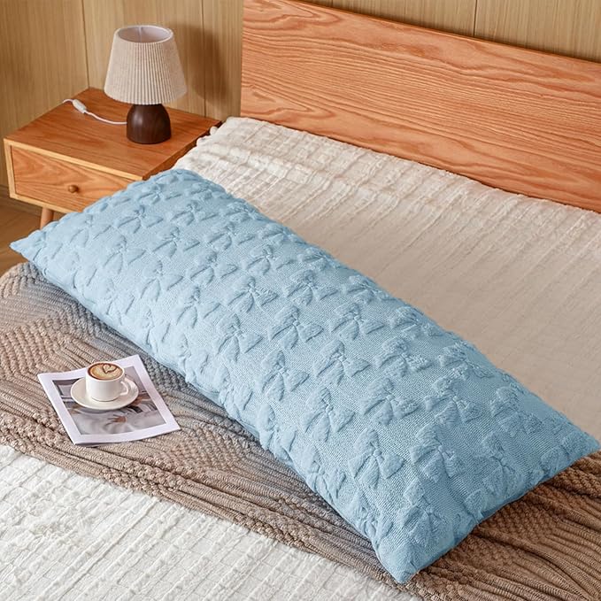 SmoothNovelty Blue Bow Body Pillow Cover 20 x 54 Inches Coquette Long Body Pillowcase with Zipper Closure Coquette Room Decor Cute Faux Fur Soft Aesthetic Pillow Covers for Bed Sofa Couch