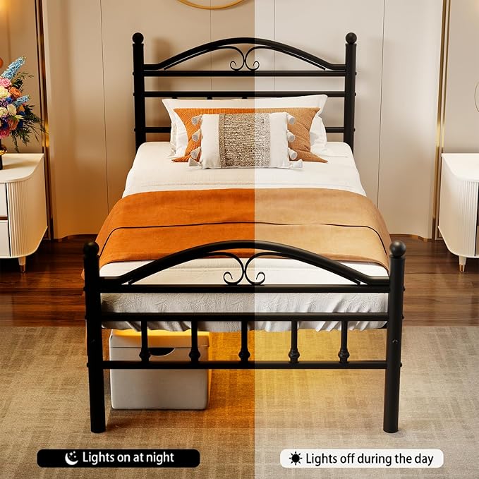 Twin Size Bed Frames with Charging Station,Black Metal Platform Bed Frame with LED Lights,Heavy Duty Metal Steel Slats Support,No Box Spring Needed,Noise Free,Easy to Assemble