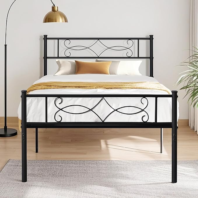 VECELO 2 Set 14" Twin Size Metal Platform Bed Frame with Headboard,Premium Steel Slat Support No Box Spring Needed,Noise-Free Anti-Slip,Easy Assembly