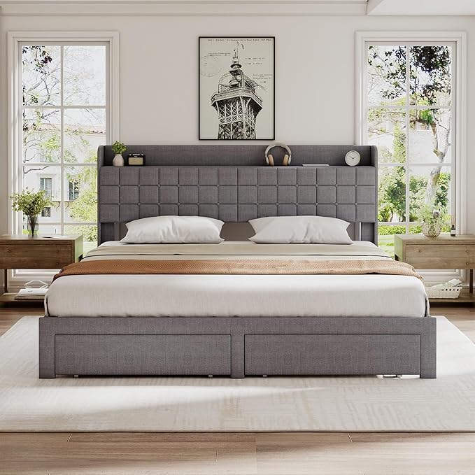 DUMOS King Size Upholstered Platform Bed Frame, King Bed with Storage Drawers and Fabric Headboard, Wooden Slats Support, 1323 lbs Weight Capacity, No Box Spring Needed, Easy Assembly, Gray