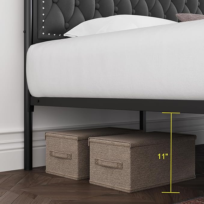 Keyluv Full Upholstered Canopy Bed Frame with 2 Storage Drawers & Button Tufted Headboard, Metal Platform Bed with 4 Removable Posts, Two-Purpose Velvet Bed, Dark Grey/Curtain Not Included