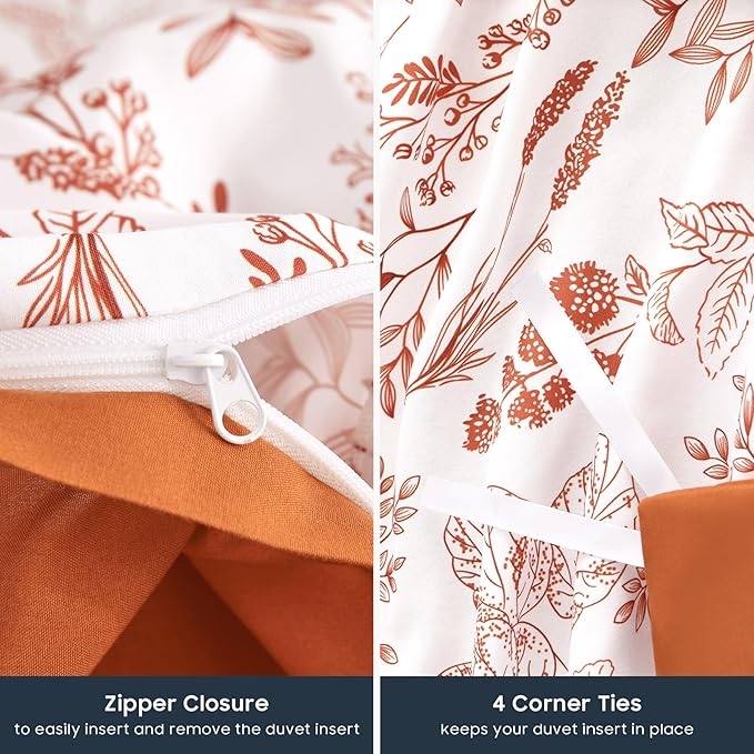 Wake In Cloud - Floral Duvet Cover Set, Botanical Vintage Flower Coquette Cottagecore Aesthetic for Women Teen Girls, Soft Lightweight Bedding, 3-Piece, Terracotta, Twin/Twin XL Size
