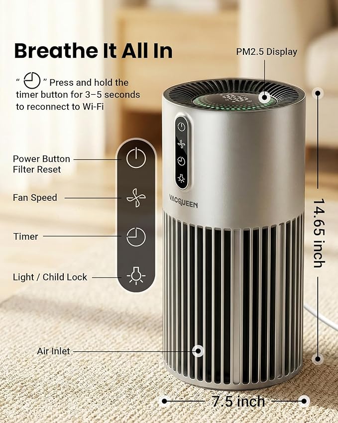 Smart Air Purifiers for Bedroom Home with Timer and Schedule, Cover 2200 Ft²and Quiet Sleep Mode, Washable Pre-Filter, WiFi HEPA Air Purifier For Remove Home Pets Odors, Smoke, Dust (Sliver)