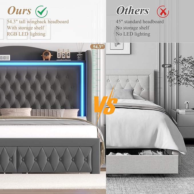 King Bed Frame 55" Tall Headboard with LED Lights, Buttons Tufted Velvet Upholstered Platform Bed Frame with 2 Storage Drawers, Wood Slats Support Mattress Foundation, No Box Spring Needed, Grey
