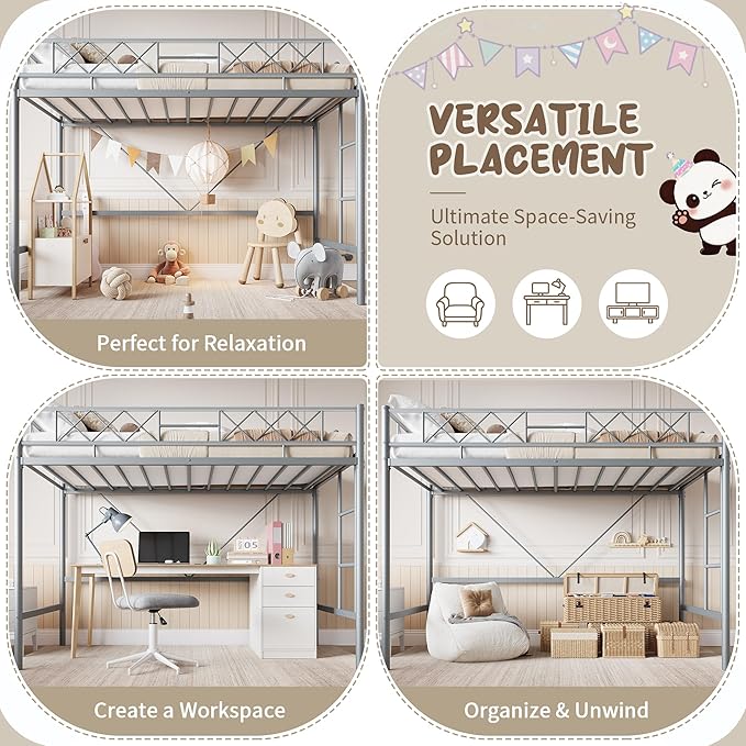 Garvee Twin Size Loft Bed, Heavy Duty Metal Frame with Arched Guardrail, Flat Ladder Rung, and Steel Slat Support, No Box Spring Required, Space Efficient, Gray