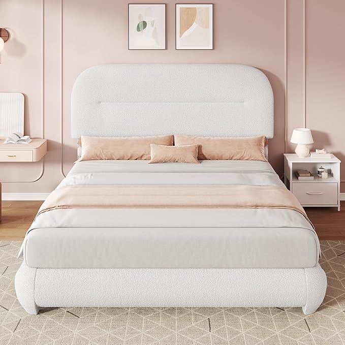 YITAHOME Queen Size Boucle Bed Frame, Upholstered Platform Bed Frame with Headboard, Modern Style, Soft Rounded Corners with Thickened Footboard, No Box Spring Needed, Easy Assembly, White