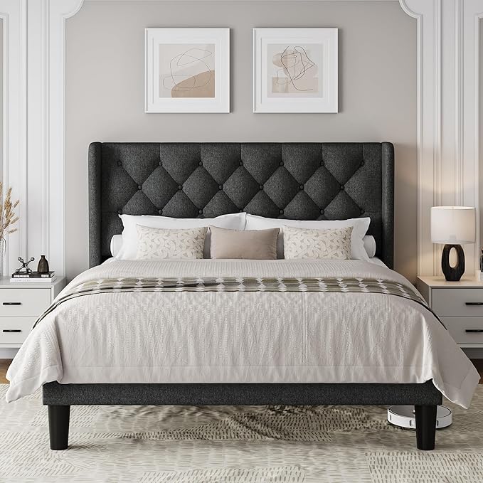 Einhomn Full Size Platform Bed Frame with Fabric Upholstered Wingback Headboard, 8" Under Bed Space, Wooden & Metal Slats Support, No Box Spring Needed, Dark Gray