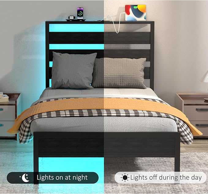 J.Fkne Twin Bed Frame with Headboard, Platform Bed with LED & Charging Station, Heavy Duty Metal Slats, No Box Spring Needed, Noise Free, Easy Assembly, Black