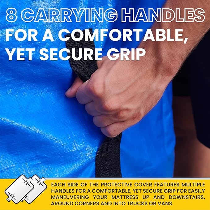 (Full) 10 Mil Thick - Moving and Storage Mattress Bag w Zipper and 8 Carrying Handles - Waterproof - UV Resistant - Heavy Duty - Long Lasting (Blue, Full)