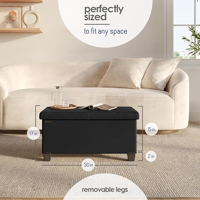 Storage Ottoman Bench with Bins, 30-in Storage Bench for Bedroom End of Bed, Folding Foot Rest Ottoman for Living Room Max 660lbs, Faux Leather Ottomans, Black