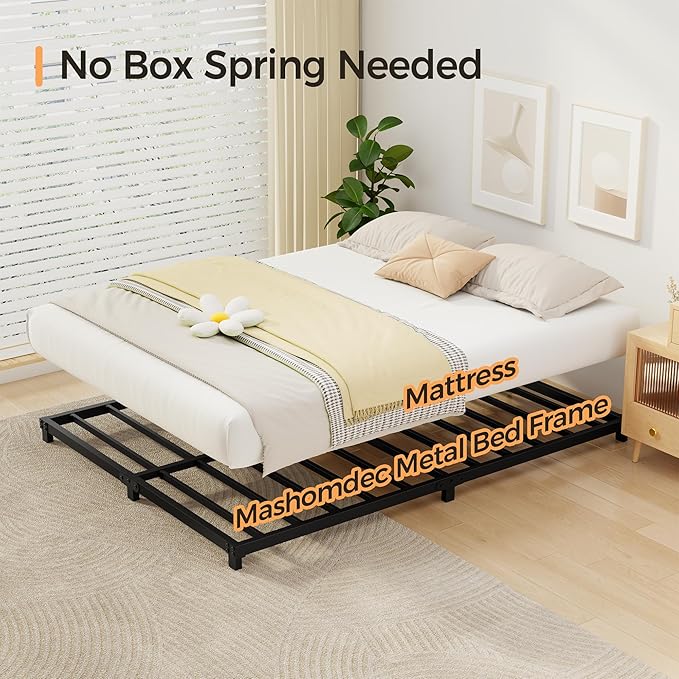 4 Inch Bed Frames Queen Size Low Profile Metal Platform Bed Frame Heavy Duty Steel Slat Support, No Box Spring Needed, Easy Assembly, Noise Free