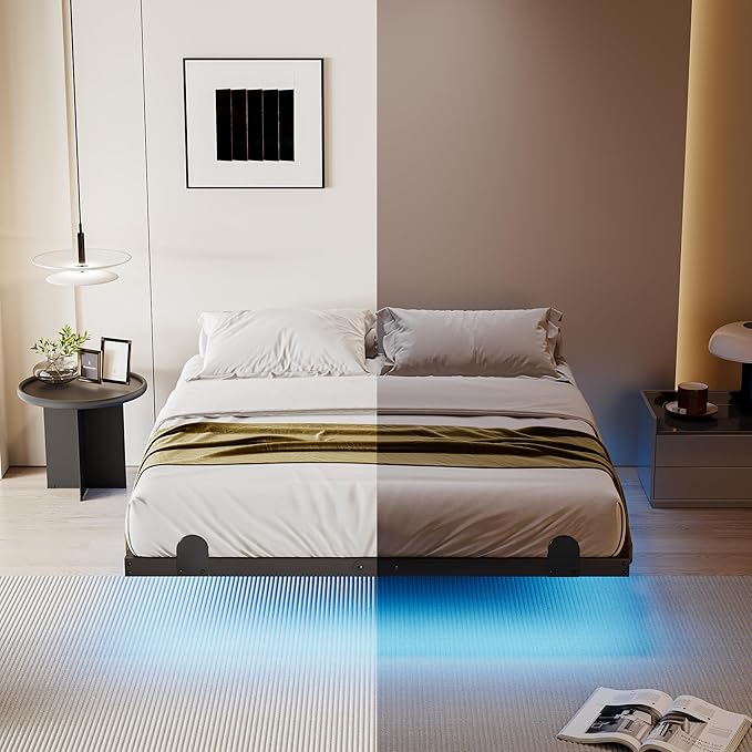 qimamo 10 Inch Floating Queen Bed Frame with Smart LED Lights and Charging Station, Modern Metal Queen Bed Frame, Easy to Assemble, No Box Spring Needed (Queen)