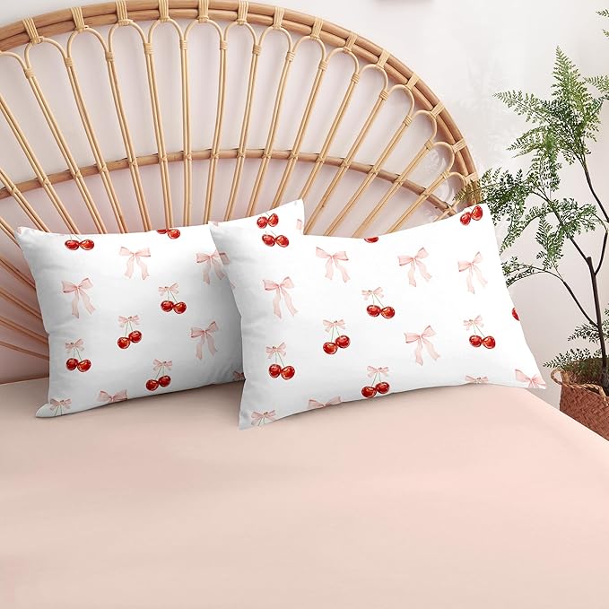 Nayoroom Pink Bow Duvet Cover Queen Size Reversible Red Cherry Duvet Cover 3 Pieces Soft Lightweight Microfiber Kids Girls Cute Aesthetic Dorm Bedding Set