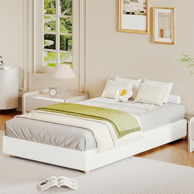 GarveeHome Twin Size Cloud Bed Frame,Corduroy Low Bed Frame Without Headboard, Thick Fabric Upholstered Platform Bed, Solid Wood Legs, No Box Spring Needed, Never Squeak, Easy Assembly, White