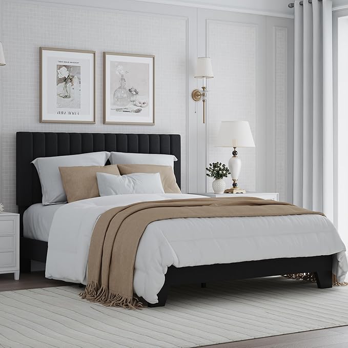 Full Bed Frame, Velvet Upholstered Platform Bed Frame with Adjustable Headboard, Vertical Quilted Design, Sturdy Slatted Mattress Base, Easy to Assemble, Black