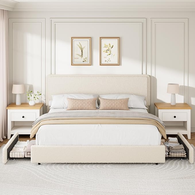IDEALHOUSE Teddy Fleece King Size Bed Frame, Cloud Cream Bed Frame with 2 Storage Drawer and Adjustable Headboard, Soft Teddy Fabric, No Box Spring Required, Easy Assembly, Cream