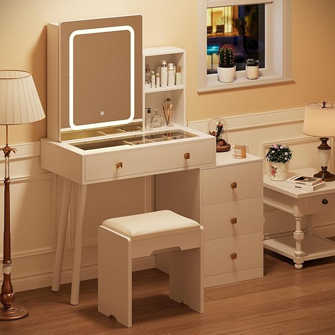 KAMABOKO Vanity Desk with Mirror and Lights, Makeup Vanity Table with Drawers & Shelves, Power Outlet, Dressing Table with Jewelry Storage for Bedroom (055 White)