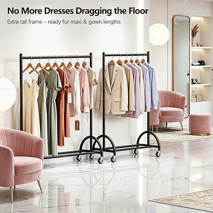 MISSLO Heavy Duty Clothing Rack with Wheels Rolling Clothes Racks for Hanging Clothes, Coats, Garment, Dress, Black, 30" W