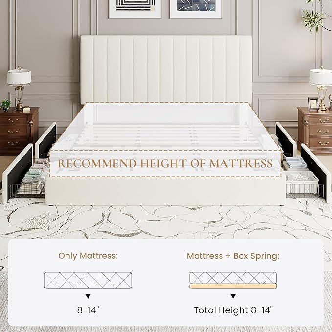 SHA CERLIN King Size Platform Bed Frame with 4 Storage Drawers, Vertical Channel Tufted Adjustable Headboard, Velvet Upholstered, Wooden Slats Support, No Box Spring Needed, Easy Assembly, Cream