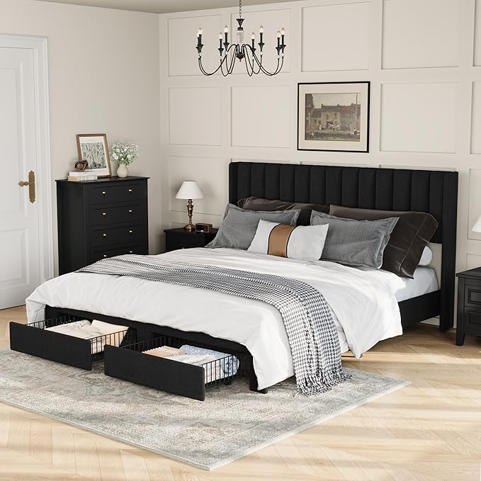 GAOMON Queen Size Upholstered Platform Bed Frame with 2 Under-Bed Storage Drawers, Velvet Wingback Headboard, No Box Spring Needed, Sturdy & Noise-Free,