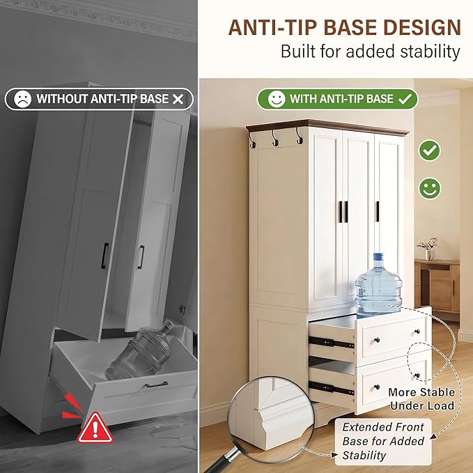 YESHOMY Armoire Wardrobe Closet with Drawers, 70.9" H x 21.1" D Wooden Closet with Hanging Rod, Fixed Shelves & Bottom Cabinet, Soft-Close Doors, Ball-Bearing Slides (White)