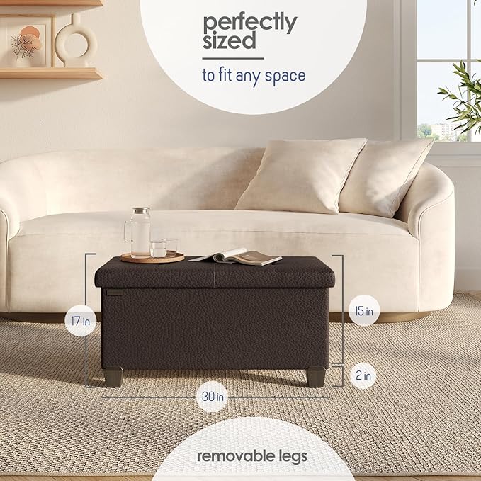 Storage Ottoman Bench with Bins, 30-in Storage Bench for Bedroom End of Bed, Folding Foot Rest Ottoman for Living Room Max 660lbs, Faux Leather Ottomans, Brown