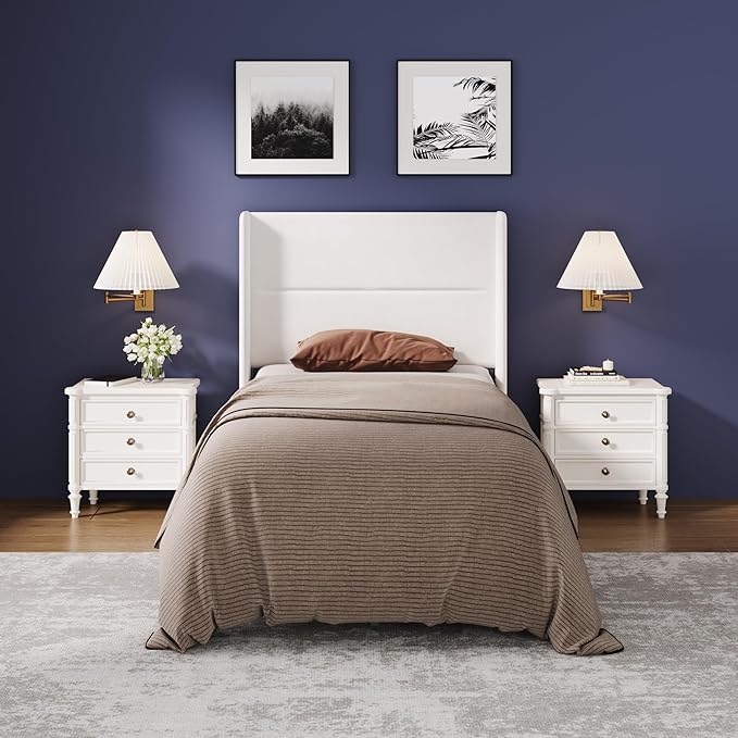 Garvee Twin Size Bed Frame with Wingback Headboard, Velvet Upholstered Platform Bedframe with Wood Slats, No Box Spring Needed, Easy Assembly, White