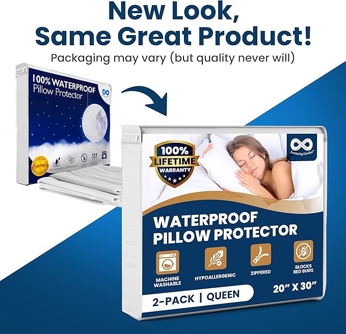 100% Stain Resistant & Waterproof Queen Size Pillow Protectors with Zipper Set of 2 - Bed Bug & Dust Mite Proof White Pillowcases - Breathable, Comfortable Pack of Covers for Pillows, 20 x 30 Inches