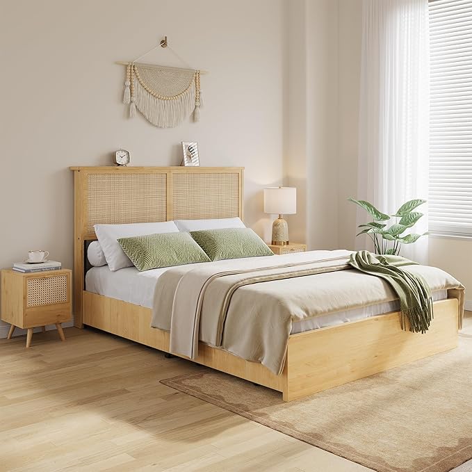 GAOMON Full Size Rattan Bed Frame with 4 Storage Drawer, Boho Style Rattan Bed with LED Light & Natural Headboard, Sturdy Wooden Slats Support, No Box Spring Needed