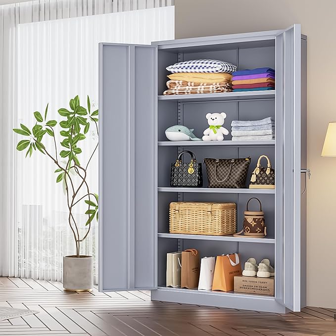 INTERGREAT Tall Metal Storage Cabinet Locking Steel with 4 Adjustable Shelves,72" Lockable Cabinets Lock 2 Doors for Office Garage Supply Home (Cement Gray)