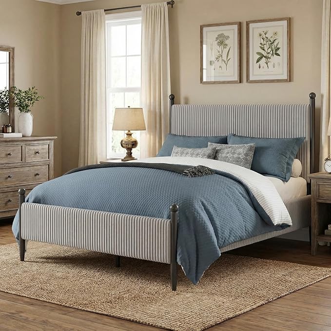 Garvee Queen Size Upholstered Bed Frame - with Velvet Headboard, Soft Corduroy Fabric Platform with Wooden Slats Support & Heavy Duty Feet, No Box Spring Needed, Noise Free, Easy Assembly, Grey
