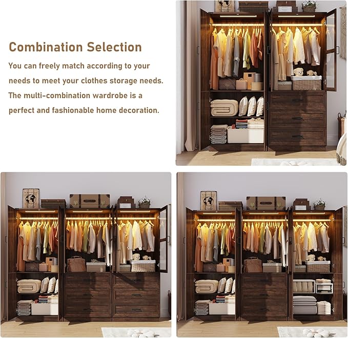 Hlivelood 75" Tall Farmhouse 2 Doors Armoire Wardrobe Closet with LED,Freestanding Closet Wardrobe Cabinet for Bedroom with Hanging Rod,Wooden Armoire Storage Cabinet with Adjustable Shelves(Brown)