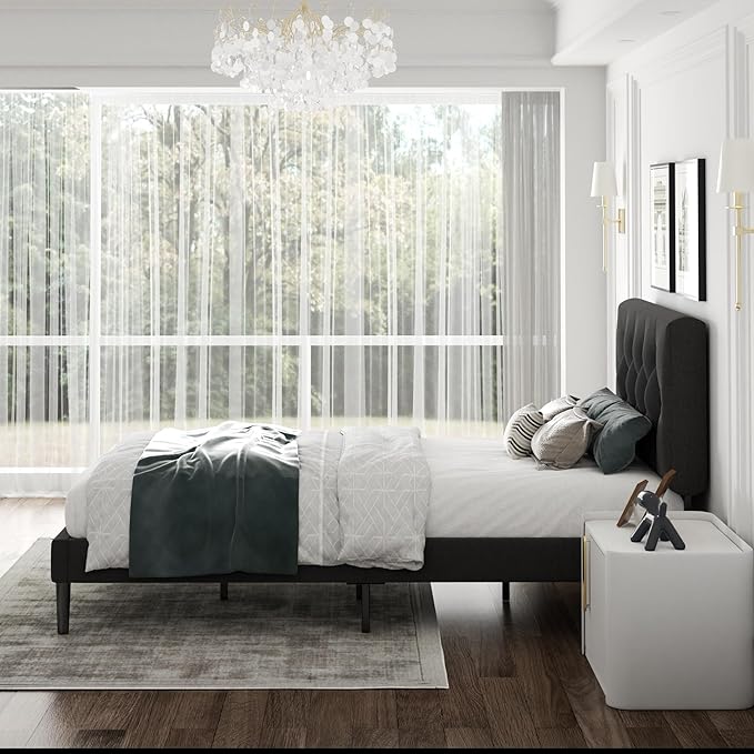 CXVX Twin Size Platform Bed Frame with Upholstered Headboard, Button Tufted Design, Strong Wooden Slats, No Box Spring Needed, Easy Assembly, Noise Free