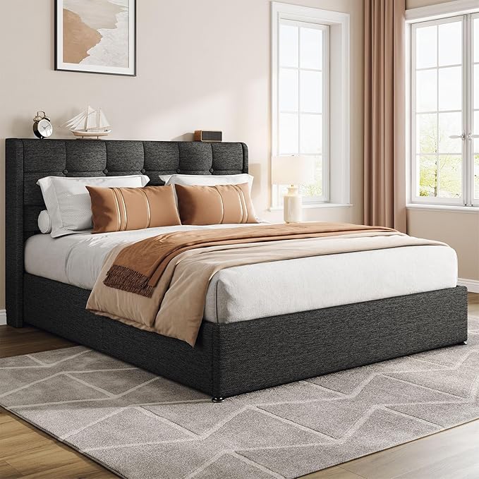 Lift Up Queen Size Bed Frame with Storage, Upholstered Queen Bed Frame with Wingback Headboard, No Box Spring Needed, Easy Assembly - Dark Grey