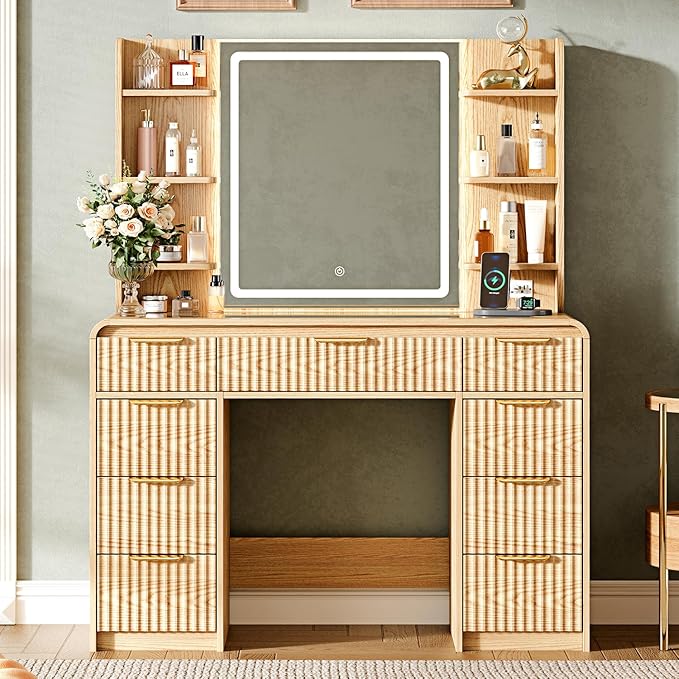 43" Makeup Vanity Desk with Mirror and Lights&Power Outl, 3 Adjustable Light Color,Glass Top Big Vanity Table with 9 Drawers & 6 Shelves,Girls Vanity for Bedroom, Oak