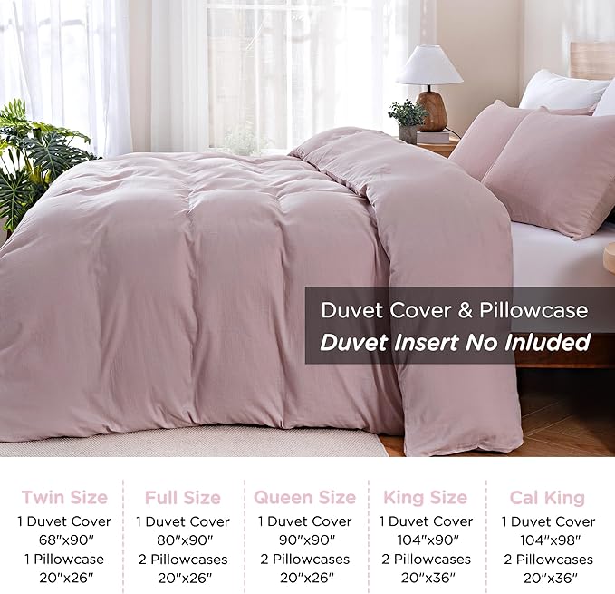 TOCOMOA Muslin Duvet Cover 100% Cotton Like Linen Texture Breathable Soft Comfy 3-Piece Pink Comforter Cover Bedding Set (King 104"x90", Comforter Not Included)