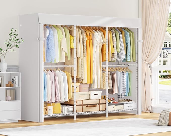 ULIFHOME E14C Pro Heavy Duty Closet Organizer System,Freestanding Clothing Racks for Hanging Clothes,Adjustable Garment Rack 70.1"W × 16.6"D × 76.4"H Hold 960 lbs,White Rack with White Dustproof Cover