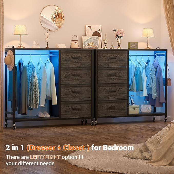 Cyclysio Dresser with Hanging Rack, 4 Fabric Drawers Dresser with Clothes Rack, Wooden Top Storage Chest of Drawers with Charging Station & LED Lights, Lockable Wheels, Closet