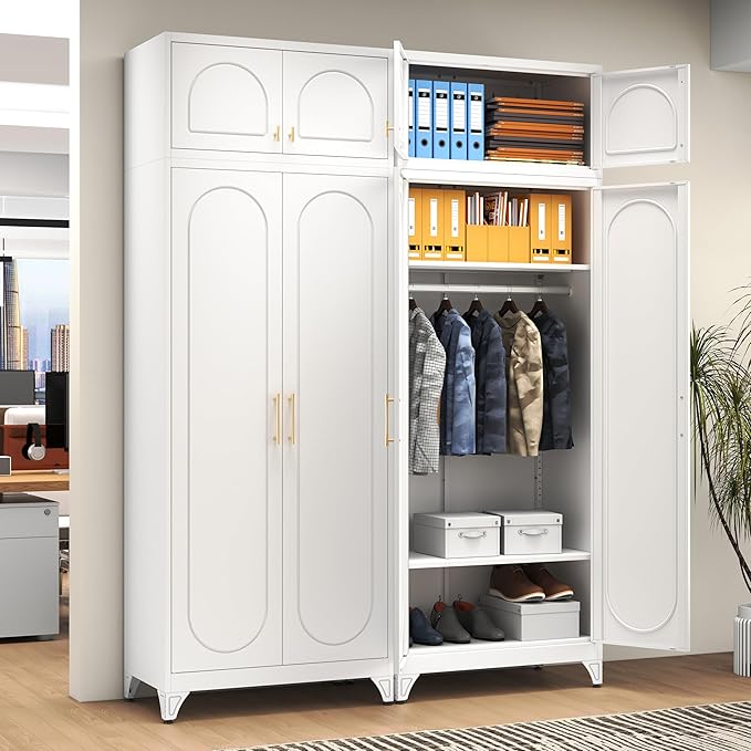 Polup Armoire Wardrobe Closet with Hanging Rod, 86 Inch Tall Metal Wardrobe Cabinet, Metal Armoire with Doors, Large Freestanding Wardrobes for Bedroom, 18"D x 32"W x 86"H, White, Assemble Required