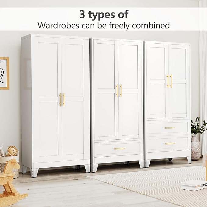 Metal Armoire Wardrobe Closet with Hanging Rod, Clothing Storage Cabinet with Adjustable Shelf and Drawer for Laundry Room, Bedroom, Home Office, Bathroom, 71" White Large Capacit