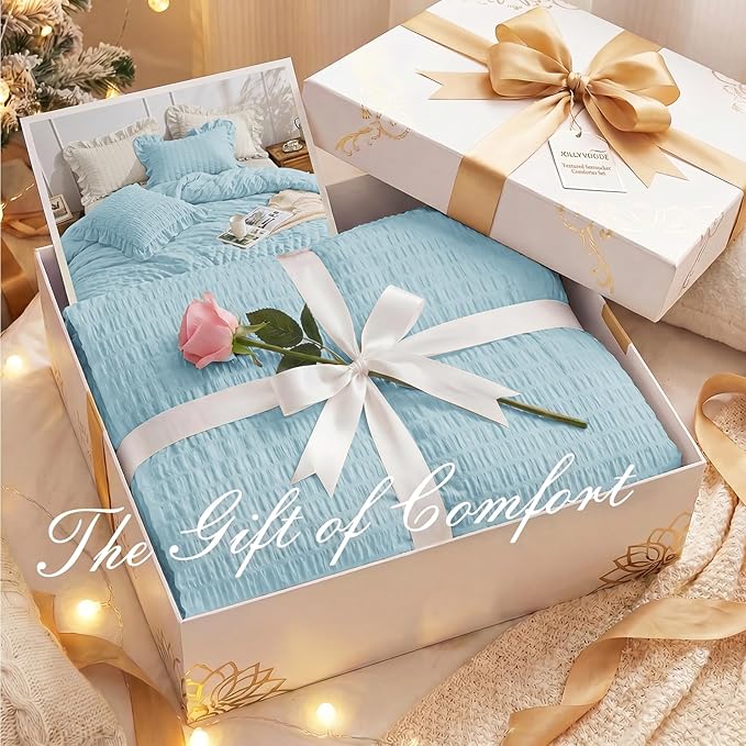 JOLLYVOGUE Light Blue Queen Comforter Set, 3 Pieces Seersucker Comforters Queen Size, Lightweight & Fluffy Bedding Sets for All Season with 1 Ruffle Comforter & 2 Ruffle Pillowshams