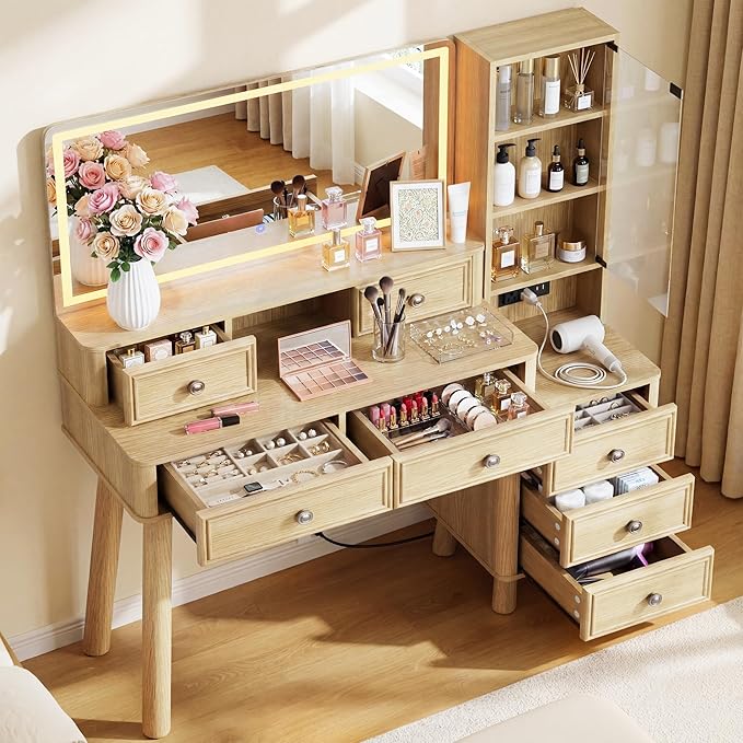 Furmax 48" Makeup Vanity Desk with Large Mirror and Lights,Big Wood Vanity Table with 5 Drawers&Glass Storage Cabinet with Adjustable Shelves,Dressing Table with Charging Station for Bedroom (Oak)