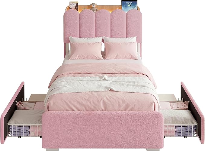 LIKIMIO Twin Bed Frame with 2 DIY Storage Drawers, Bouclé Headboard with Charging Station and LED Lights, Sturdy and Stable, No Box Spring Required, Easy Assembly, Pink