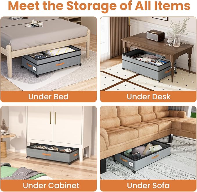 Storage Box,Under Bed Storage with Wheels 72L XXL Under the Bed Storage Containers Large, 10‘’ Tall Adjustable Storage for Underbed with Lids, Rolling for Shoes, Clothes, Blankets, Grey