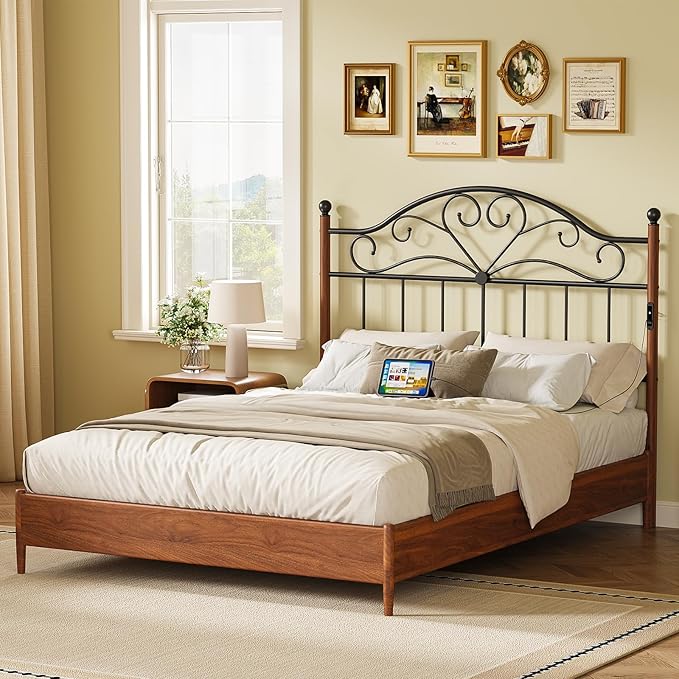Merronix Full Size Headboard with Charger Stations, Vintage Metal Headboard Only Farmhouse Retro Freestanding Black Wooden-Painting Headboard for Queen Bed Frame, Height Adjustable, Easy Assembly